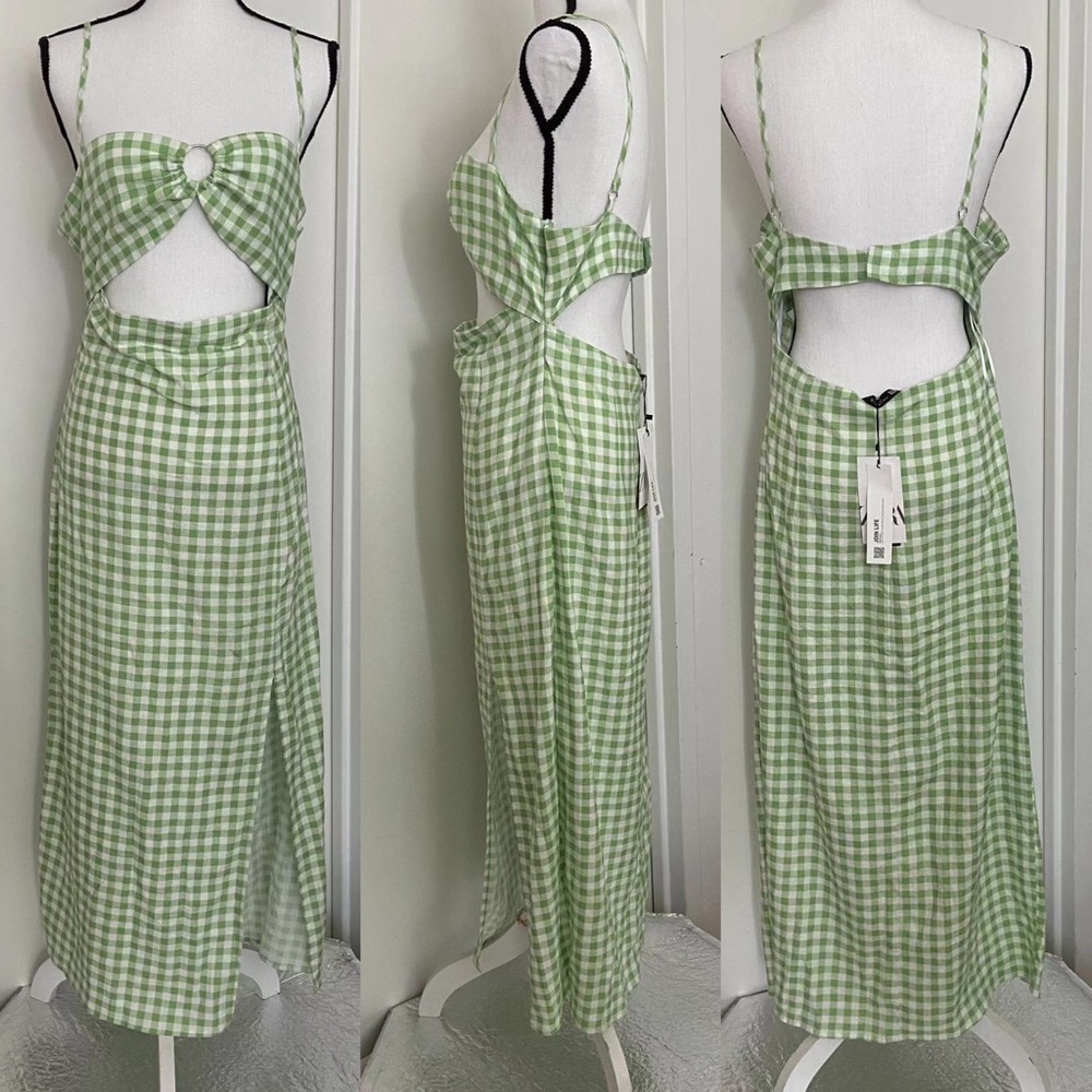 Zara Linen Blend Gingham Midi Dress Size XL